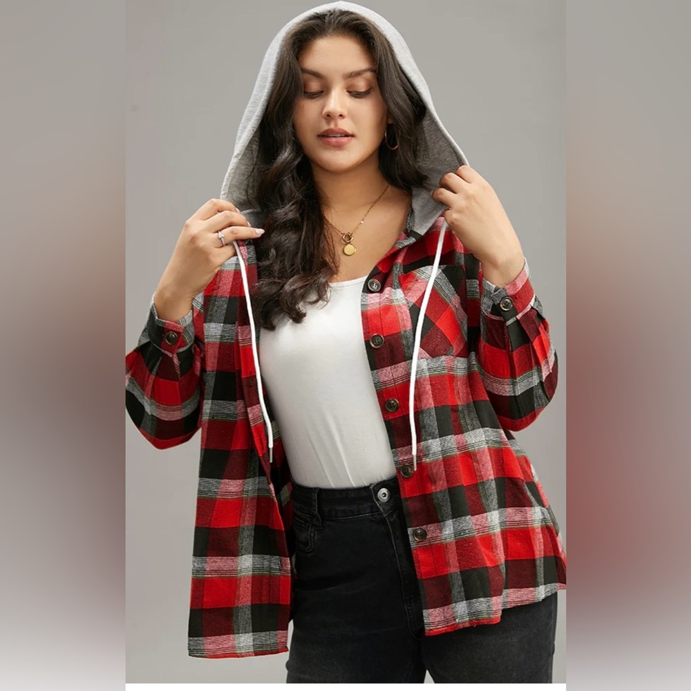 Bloomchic Plaid Patchwork Hooded Drawstring Butto… - image 9